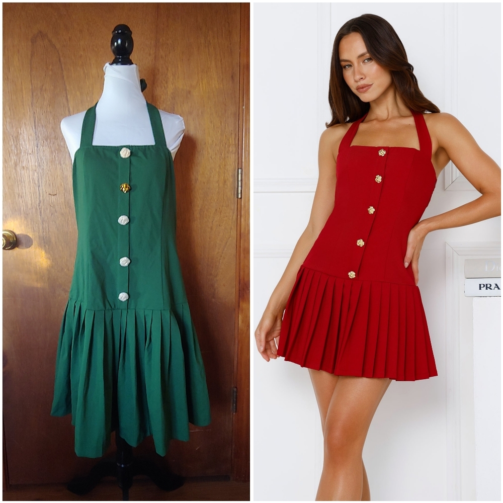 NWT Zesica Green Halter Square Pleated Skirt Gold Button Swing Mini Dress XL
